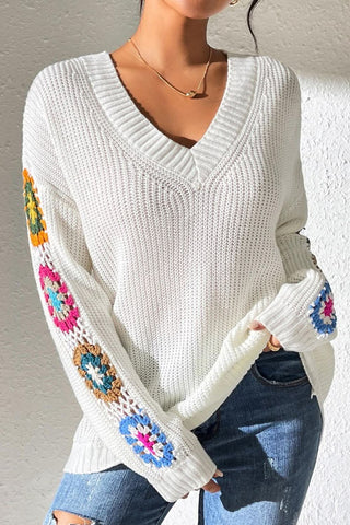 Crochet Flower V-Neck Sweater