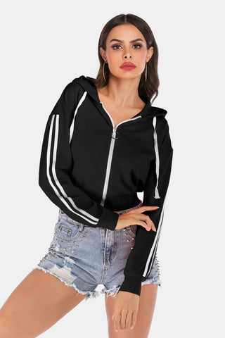 Perfee Side Stripe Drawstring Cropped Hooded Jacket