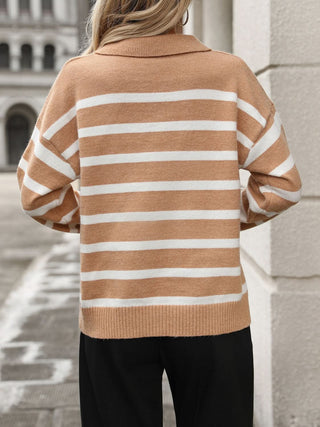 Striped Johnny Collar Long Sleeve Sweater