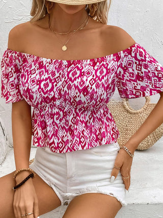 Perfee Peplum Printed Off-Shoulder Short Sleeve Blouse