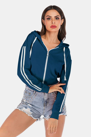 Perfee Side Stripe Drawstring Cropped Hooded Jacket