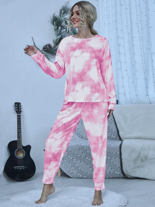 Shiny Tie-Dye Round Neck Top and Pants Lounge Set