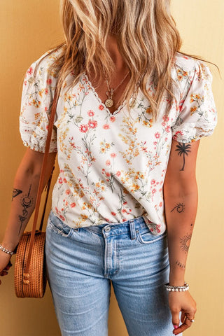 Printed V-Neck Puff Sleeve Blouse