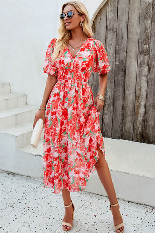 Devine Smocked Printed V-Neck Short Sleeve Dress