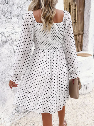 Devine Smocked Polka Dot Long Sleeve Dress