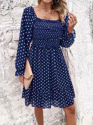 Devine Smocked Polka Dot Long Sleeve Dress