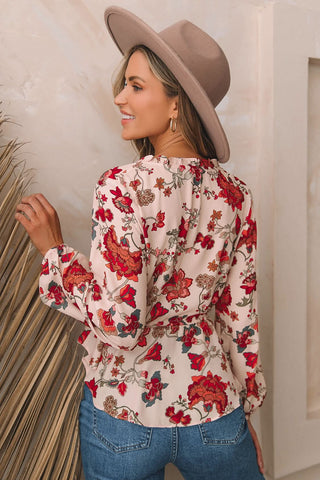 Floral V-Neck Drawstring Peplum Blouse