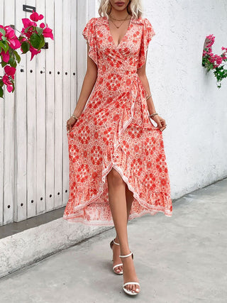 Perfee Ruffled High-Low Printed Short Sleeve Midi Dress