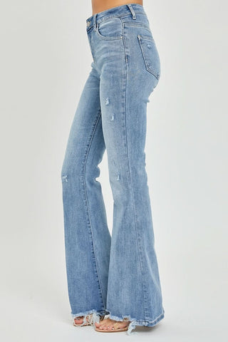 Risen Full Size High Rise Frayed Hem Flare Jeans